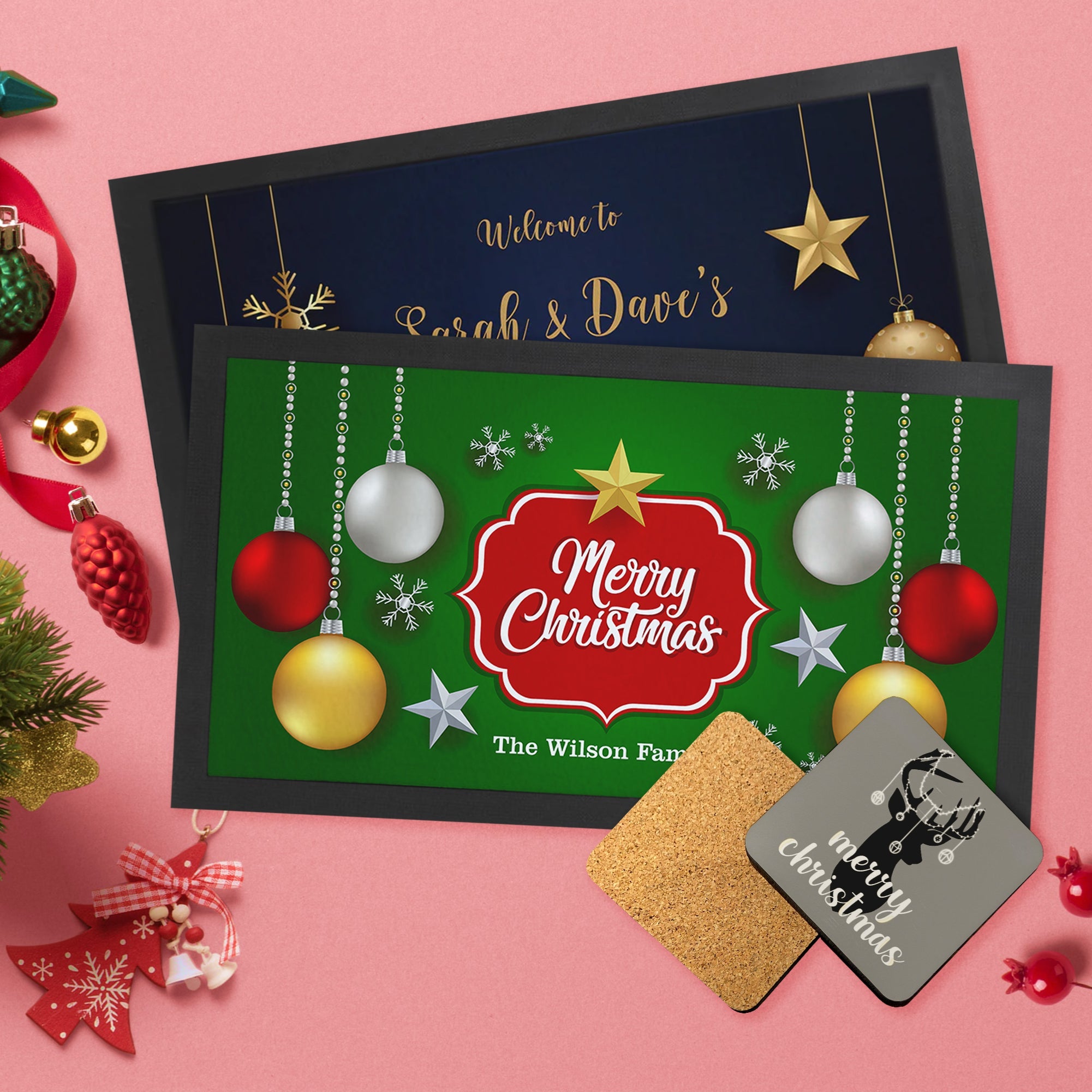 A festive personalised Christmas bar runner displayed alongside festive decorations