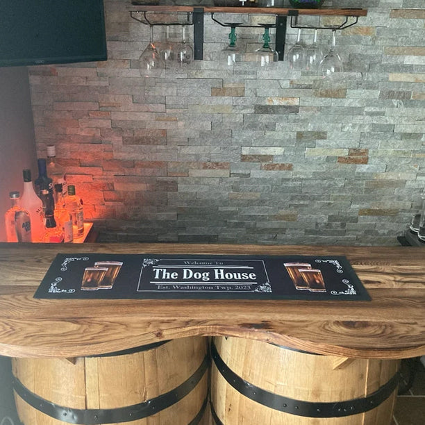 Large personalised bar runner on a professional home bar setup UK