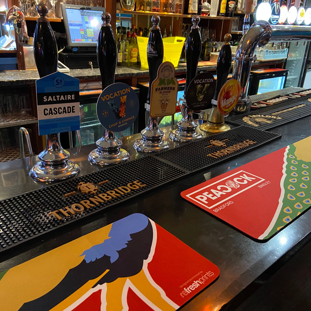 Corporate branded bar mat with a modern company logo used as a high-quality promotional tool for UK businesses.