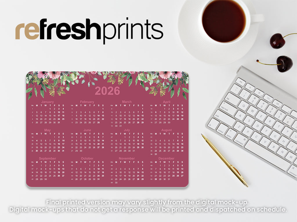 Pink Floral Leaves Calendar Regular Mouse Mat