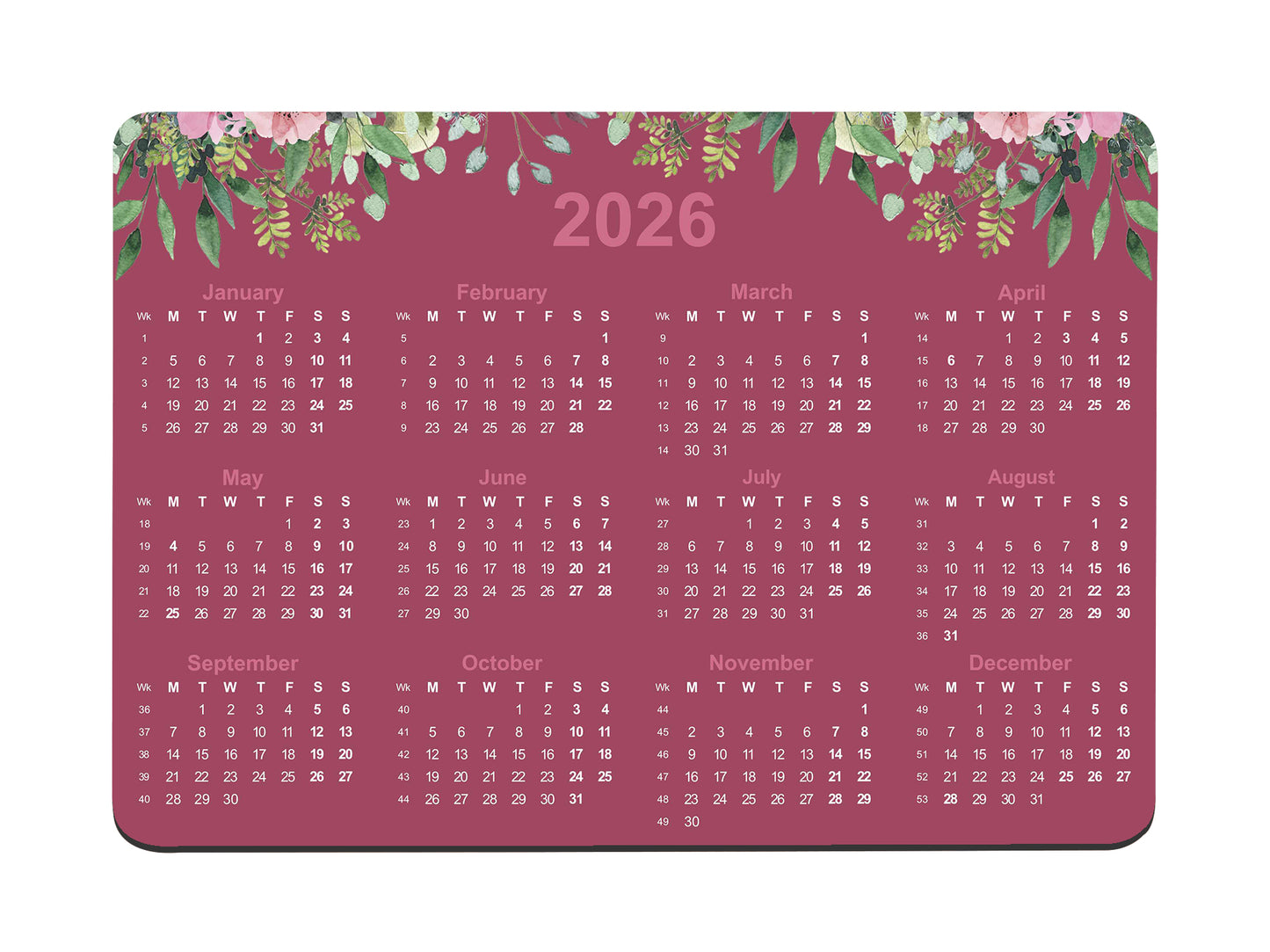Pink Floral Leaves Calendar Regular Mouse Mat