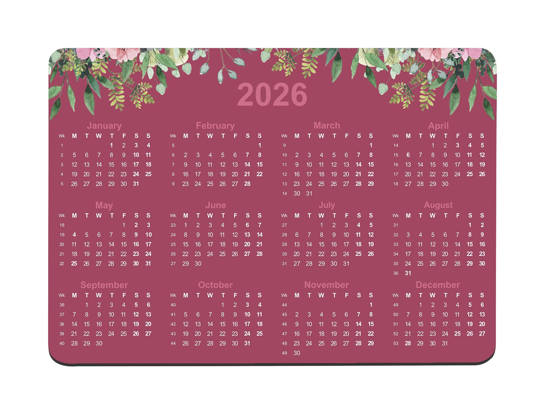 Pink Floral Leaves Calendar Regular Mouse Mat