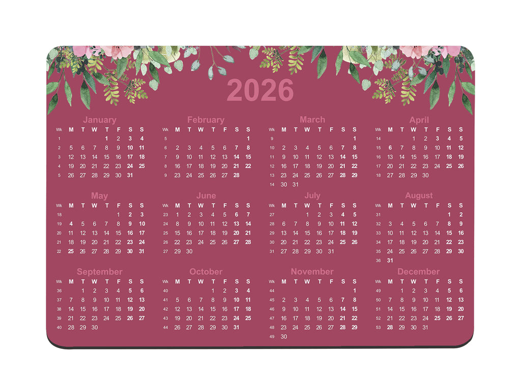 Pink Floral Leaves Calendar Regular Mouse Mat