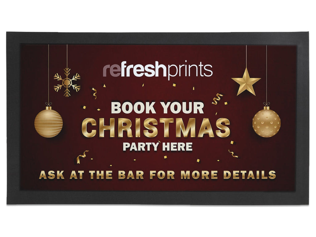 Book Your Party - Golden Christmas with Maroon Background Regular Bar Runner - Bar - Mats.co.uk