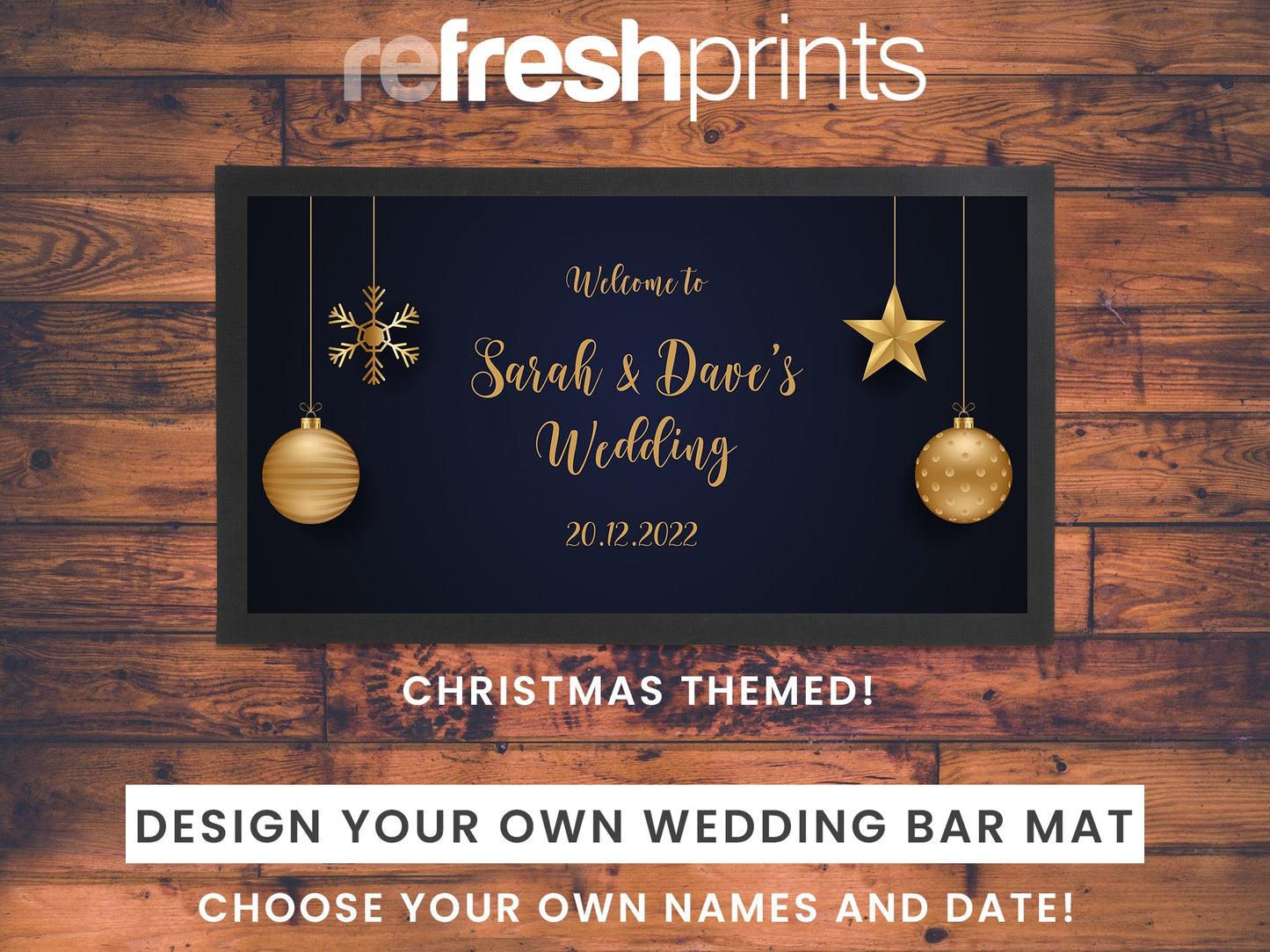 Christmas Wedding Gold Bauble Regular Bar Runner (Blue) - Bar - Mats.co.uk