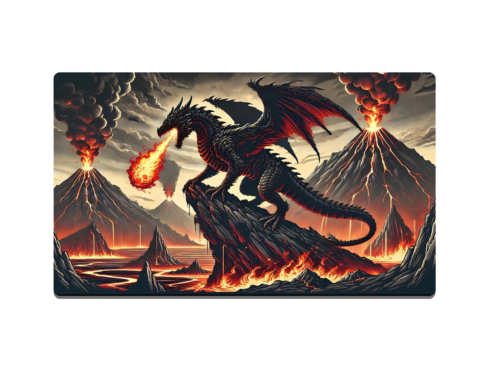 Fire Breathing Dragon With Volcanoes Gaming Mat - Desk Mat - 3 SIZES - Bar - Mats.co.uk