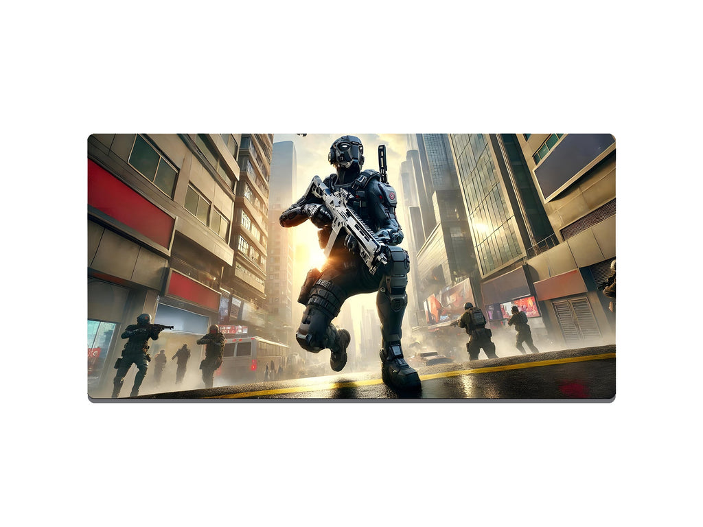 Video Game Soldier in Dystopian City Gaming Mat - Desk Mat - 3 SIZES - Bar - Mats.co.uk