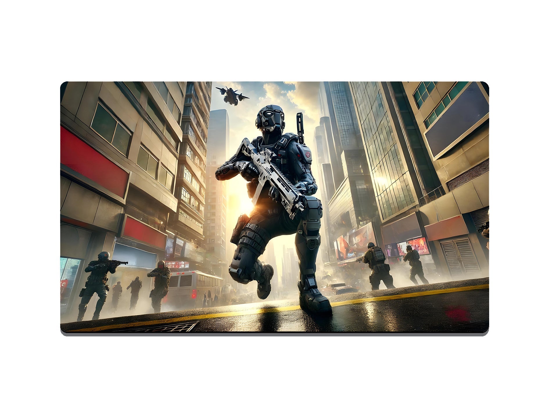 Video Game Soldier in Dystopian City Gaming Mat - Desk Mat - 3 SIZES - Bar - Mats.co.uk