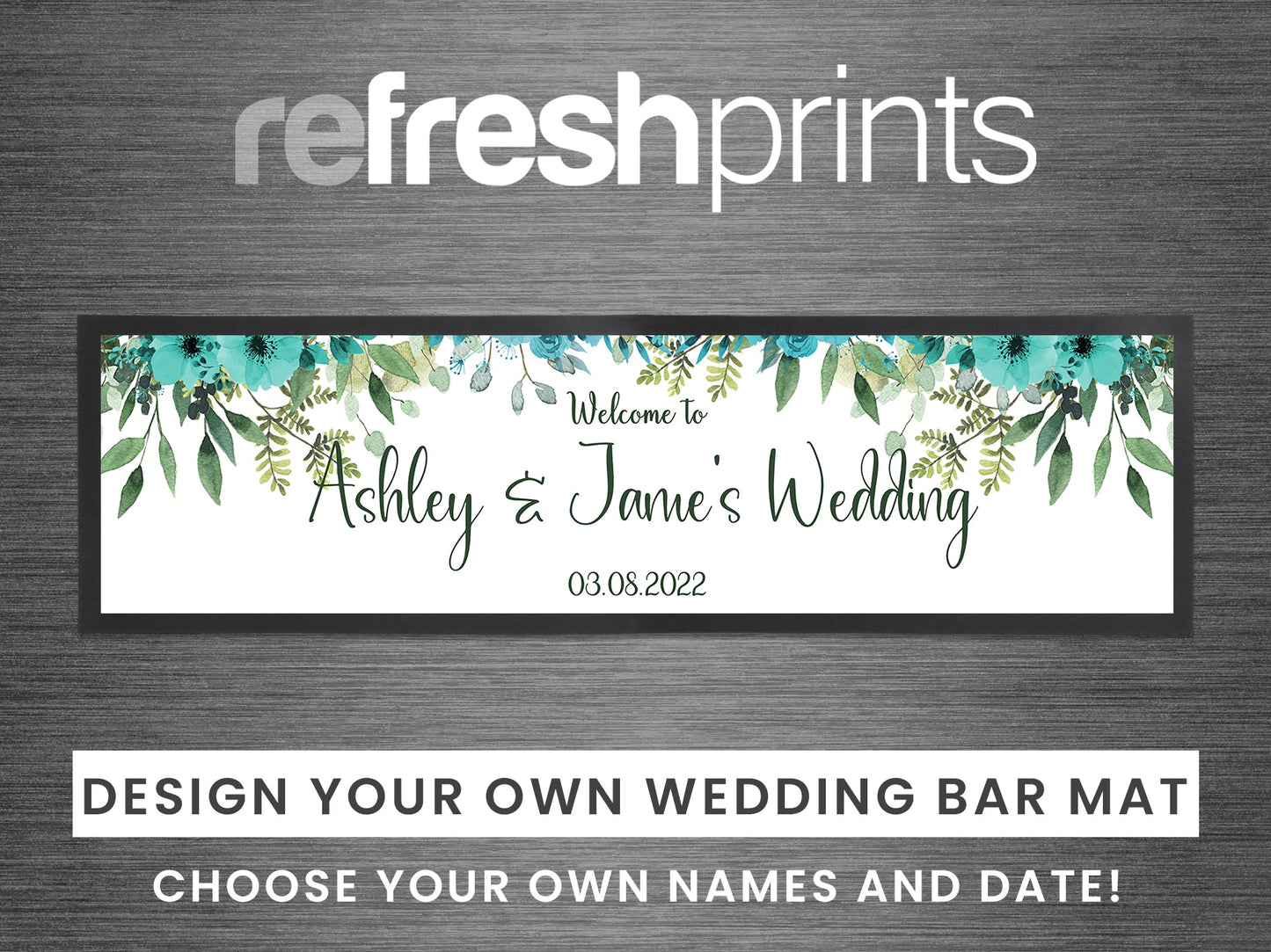 Wedding Blue Floral Leaves Large Bar Runner - Bar - Mats.co.uk
