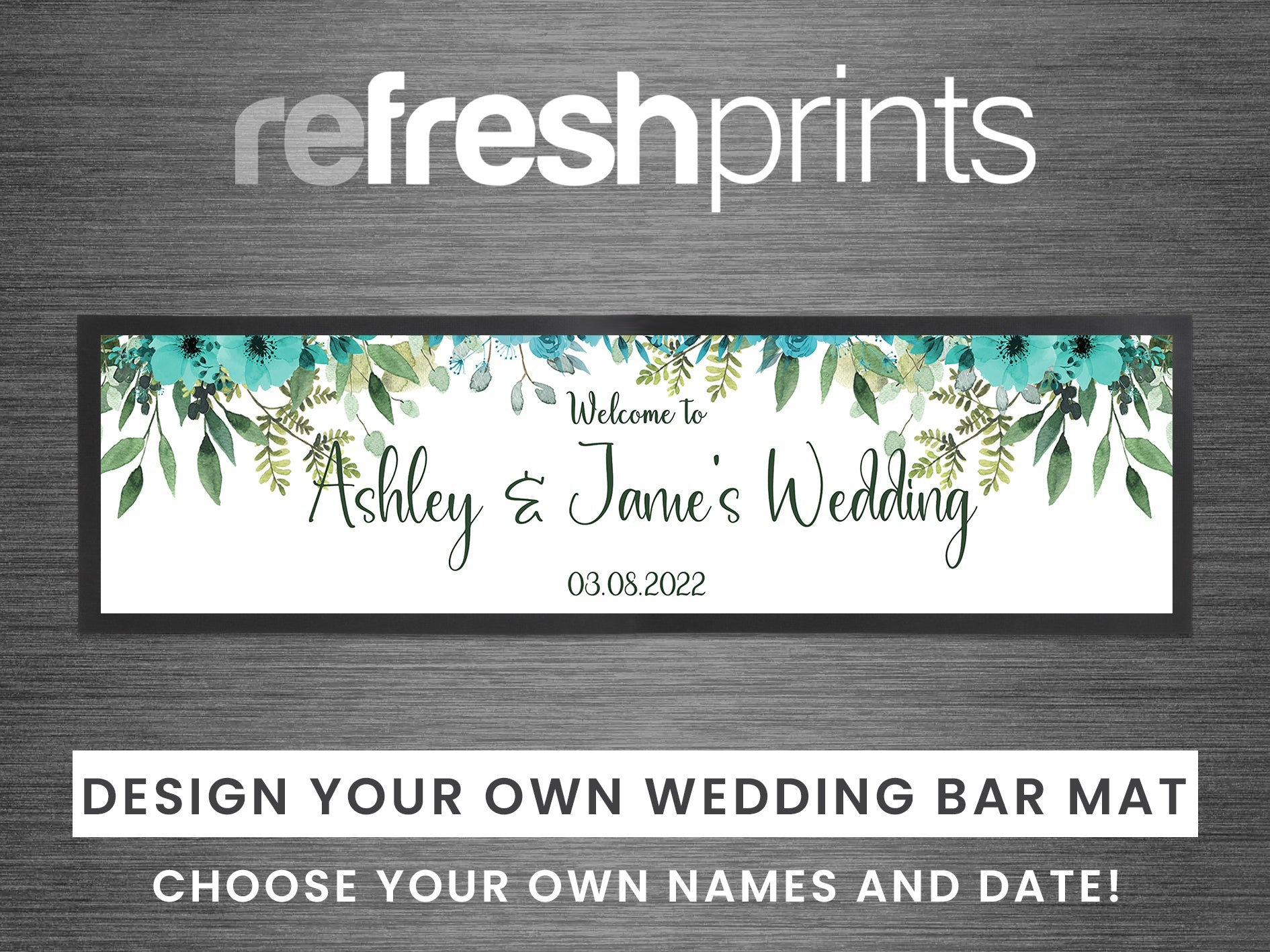 Wedding Blue Floral Leaves Large Bar Runner - Bar - Mats.co.uk