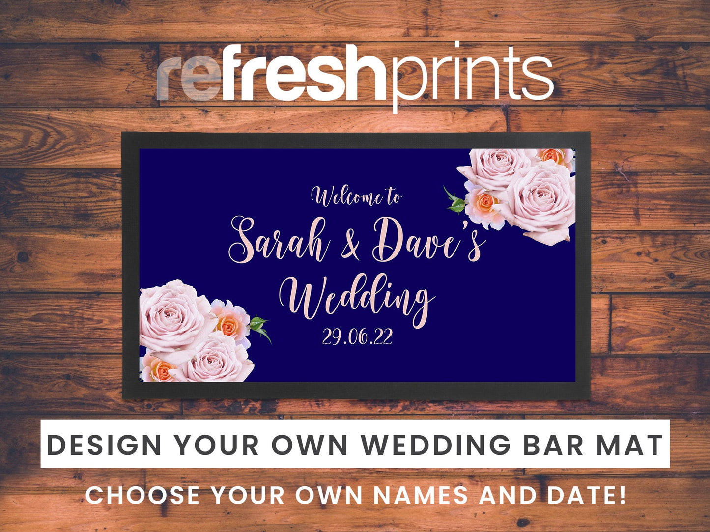 Wedding Blush & Navy Roses Regular Bar Runner - Bar - Mats.co.uk