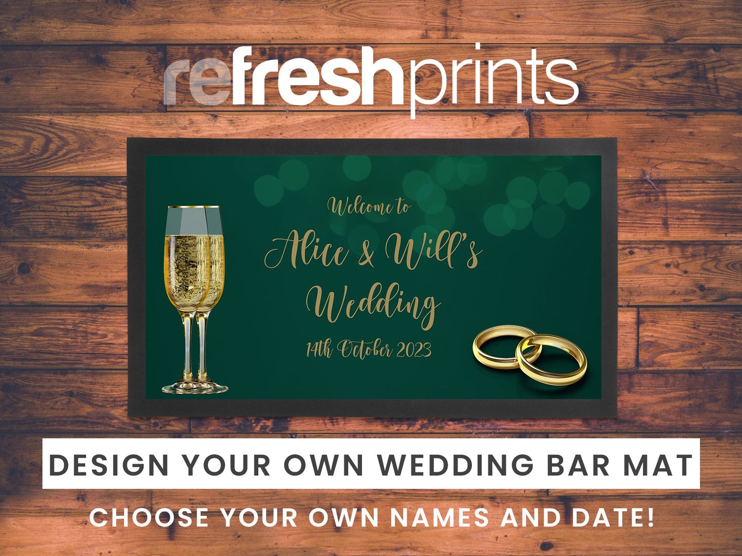 Wedding Emerald Glasses & Rings Regular Bar Runner - Bar - Mats.co.uk