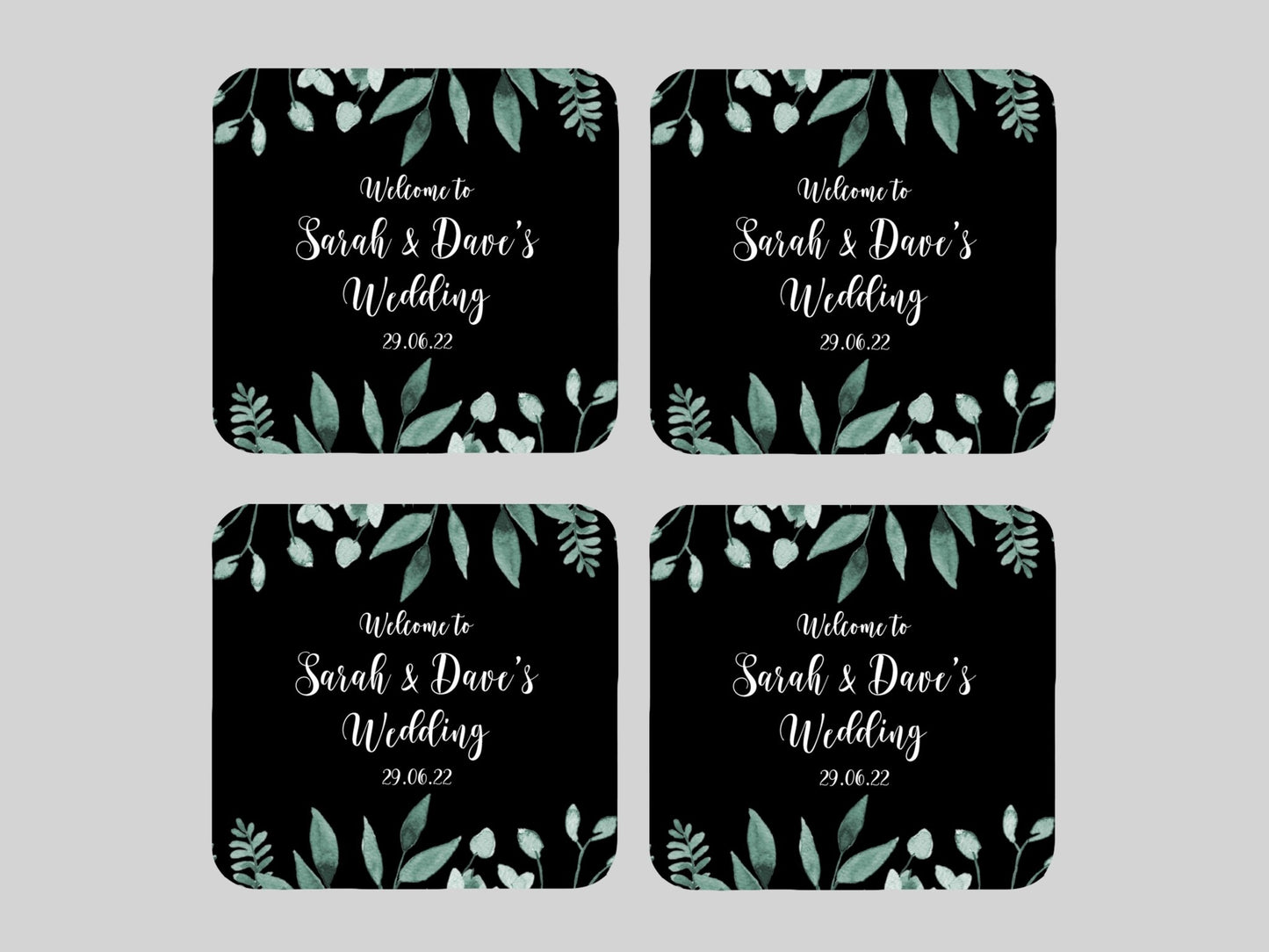 Wedding Green Leaves Coaster (Black) - Bar - Mats.co.uk