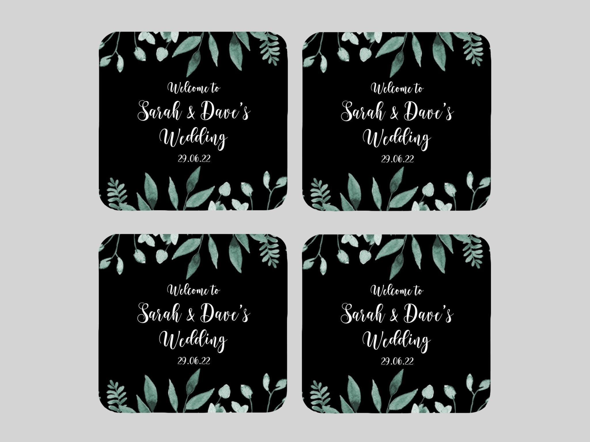 Wedding Green Leaves Coaster (Black) - Bar - Mats.co.uk