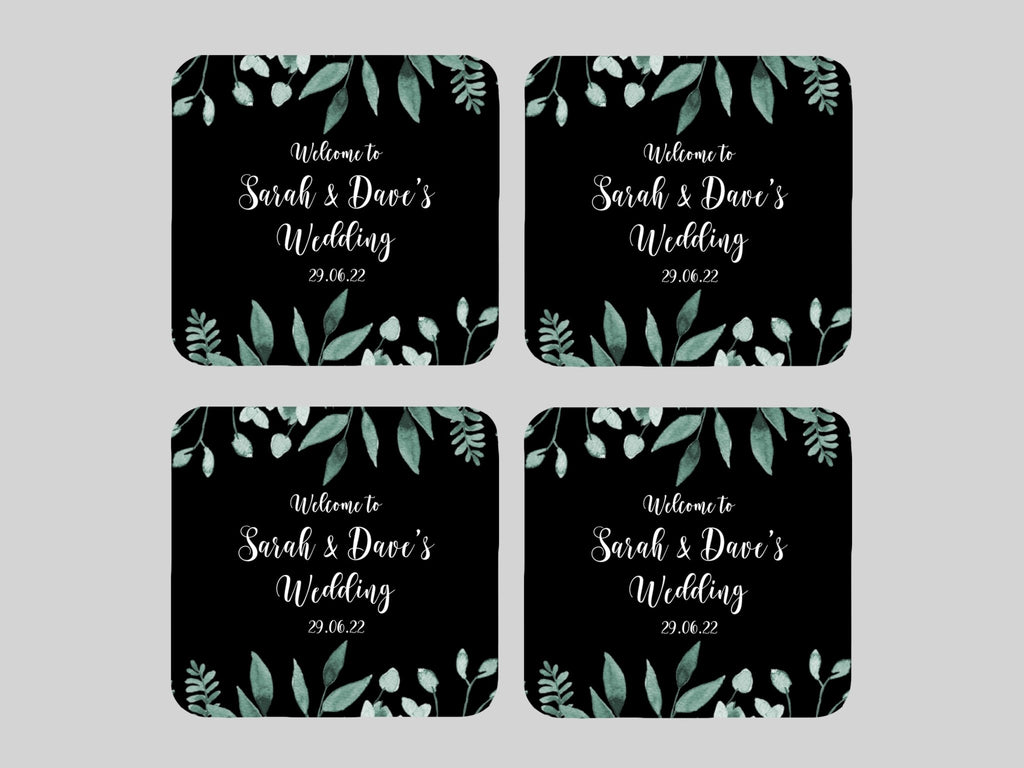 Wedding Green Leaves Coaster (Black) - Bar - Mats.co.uk