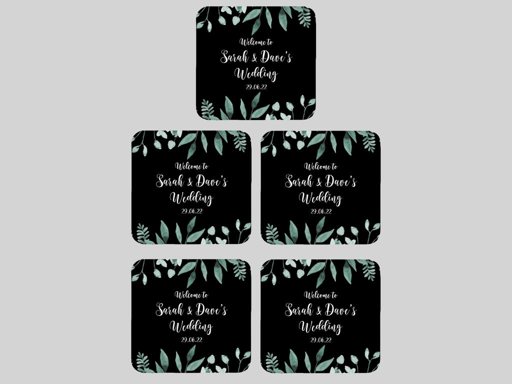 Wedding Green Leaves Coaster (Black) - Bar - Mats.co.uk