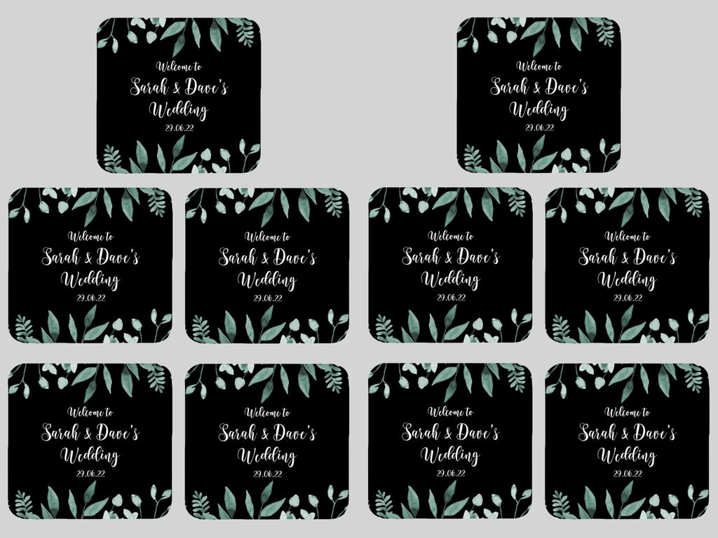 Wedding Green Leaves Coaster (Black) - Bar - Mats.co.uk