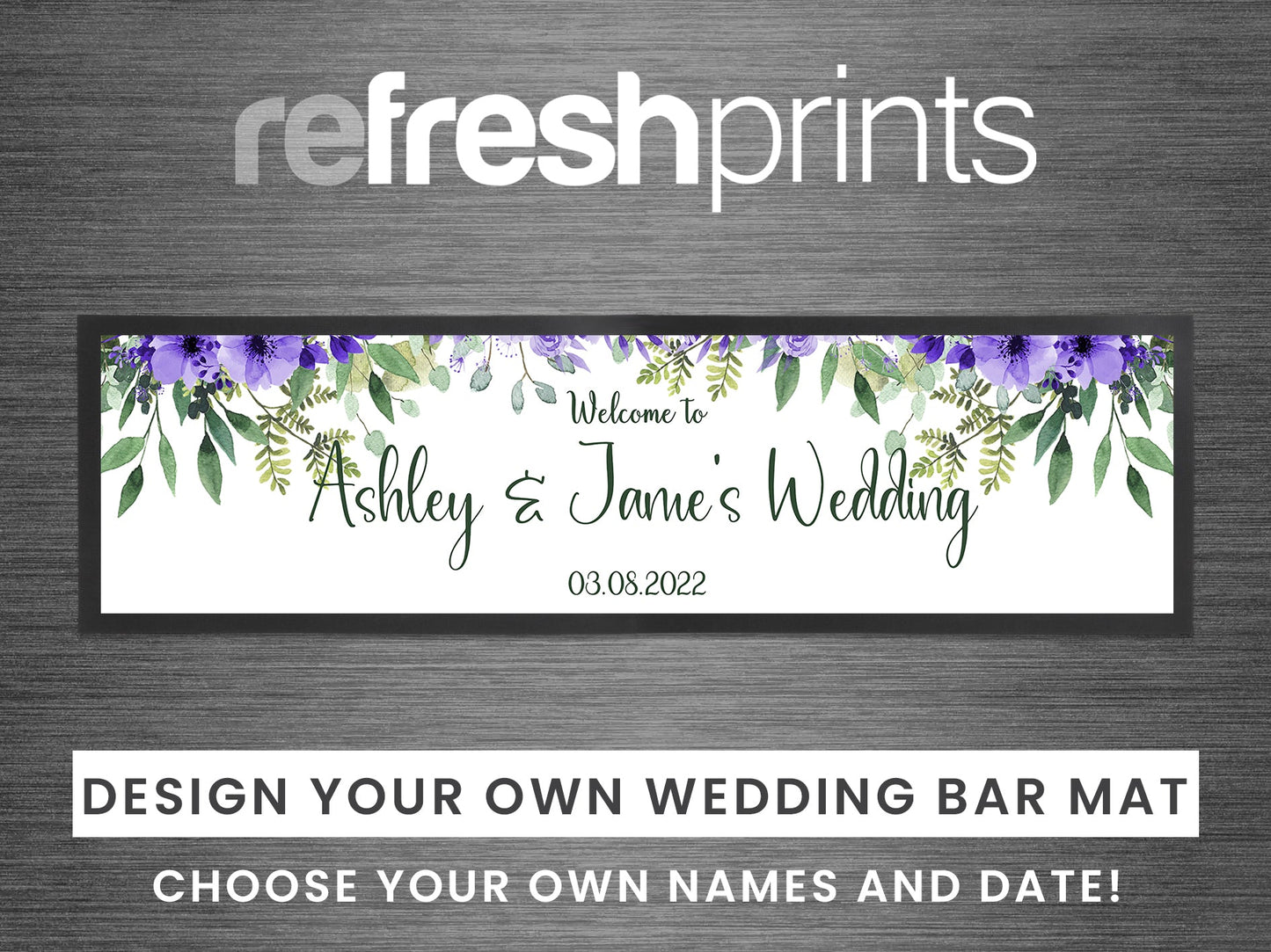 Wedding Purple Floral Leaves Large Bar Runner - Bar - Mats.co.uk
