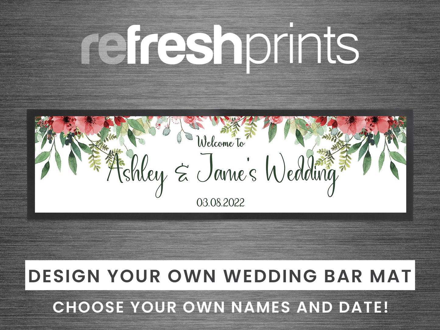 Wedding Red Floral Leaves Large Bar Runner - Bar - Mats.co.uk