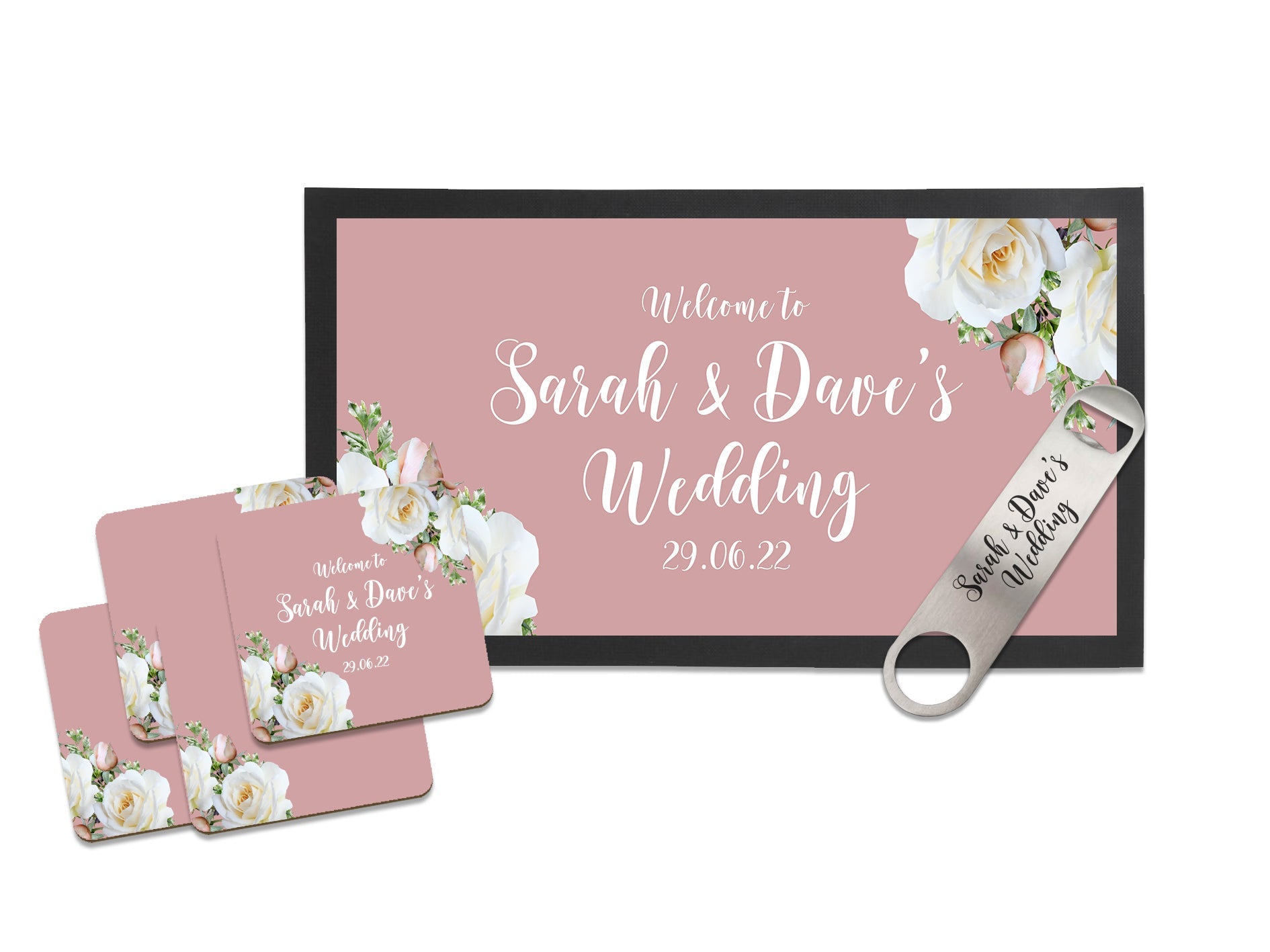 Personalised Wedding White Roses Bar Gift Set (Pink) Custom – Bar-Mats ...