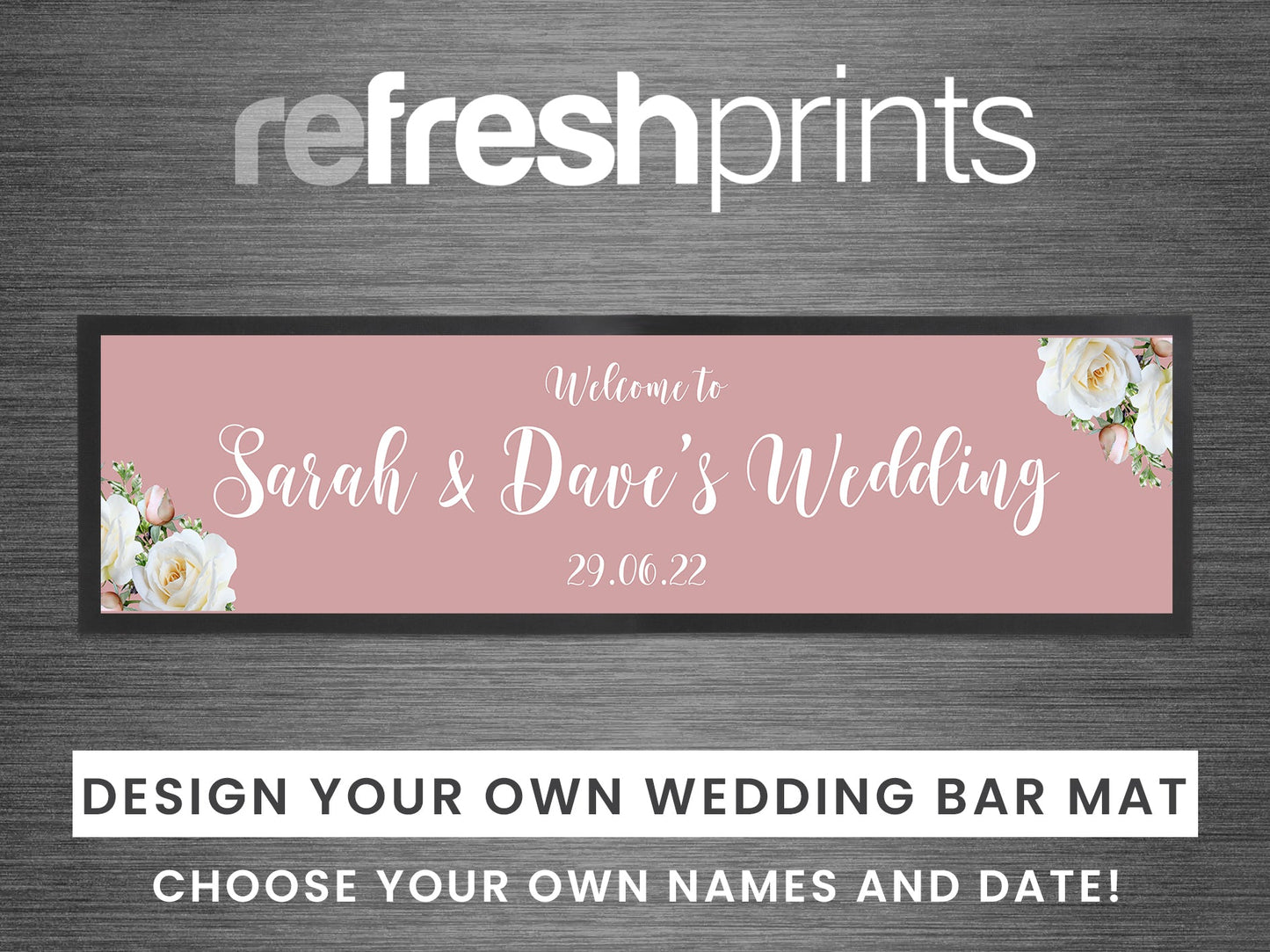 Wedding White Roses Large Bar Runner (Pink) - Bar - Mats.co.uk