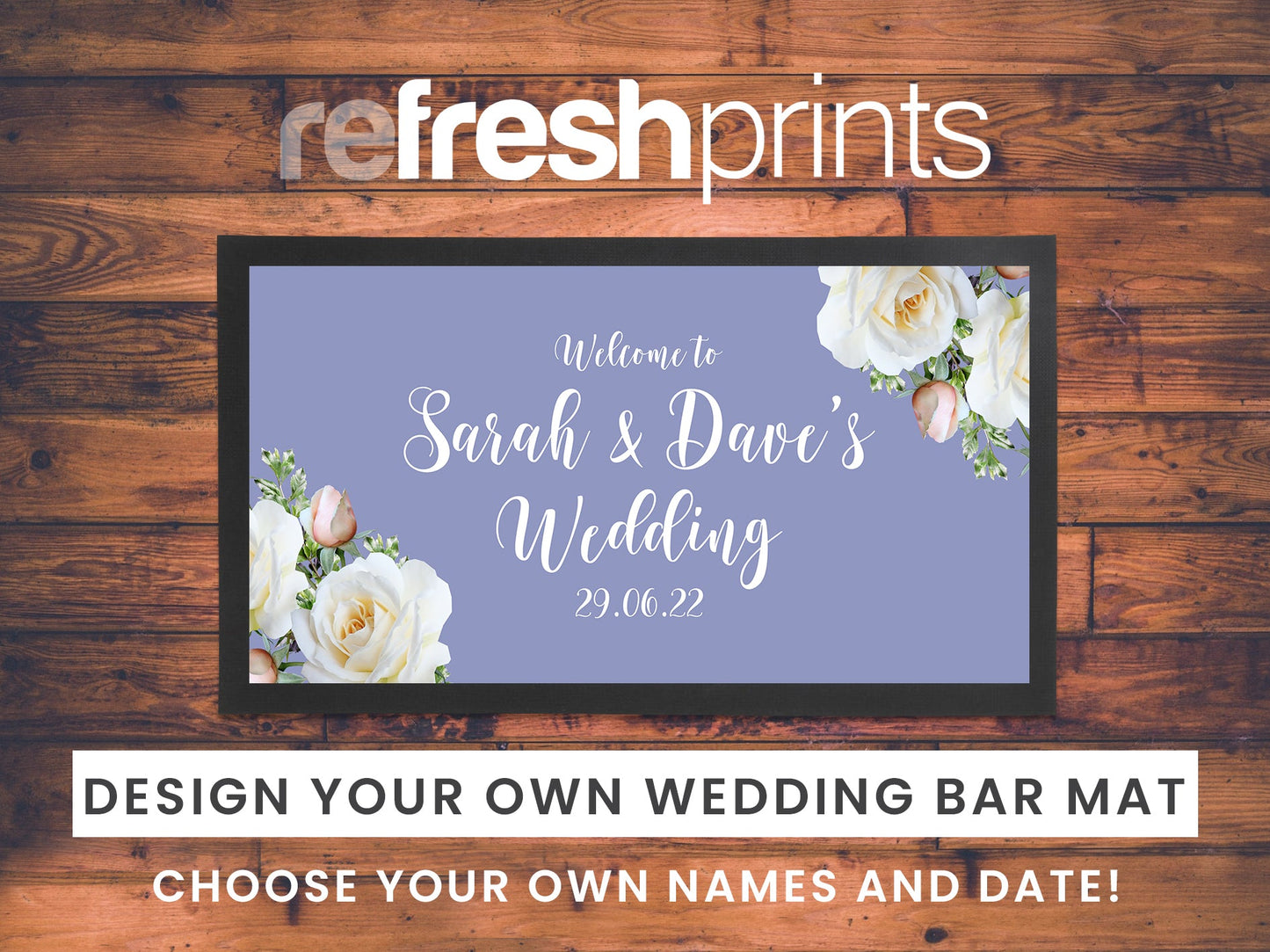 Wedding White Roses Regular Bar Runner (Lilac) - Bar - Mats.co.uk