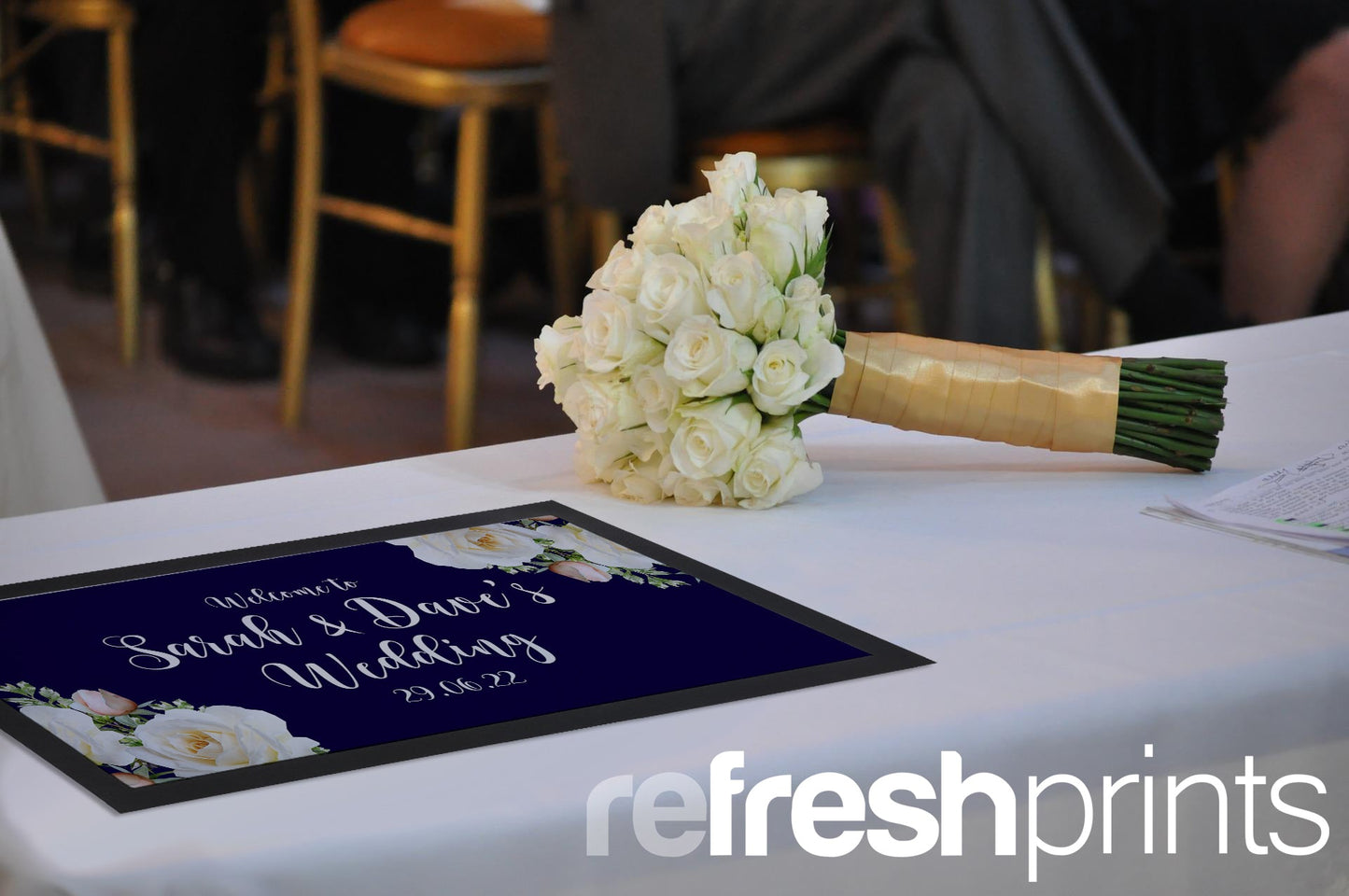 Wedding White Roses Regular Bar Runner (Navy) - Bar - Mats.co.uk