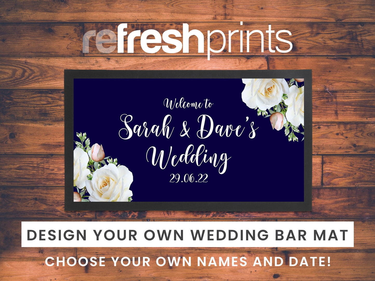 Wedding White Roses Regular Bar Runner (Navy) - Bar - Mats.co.uk